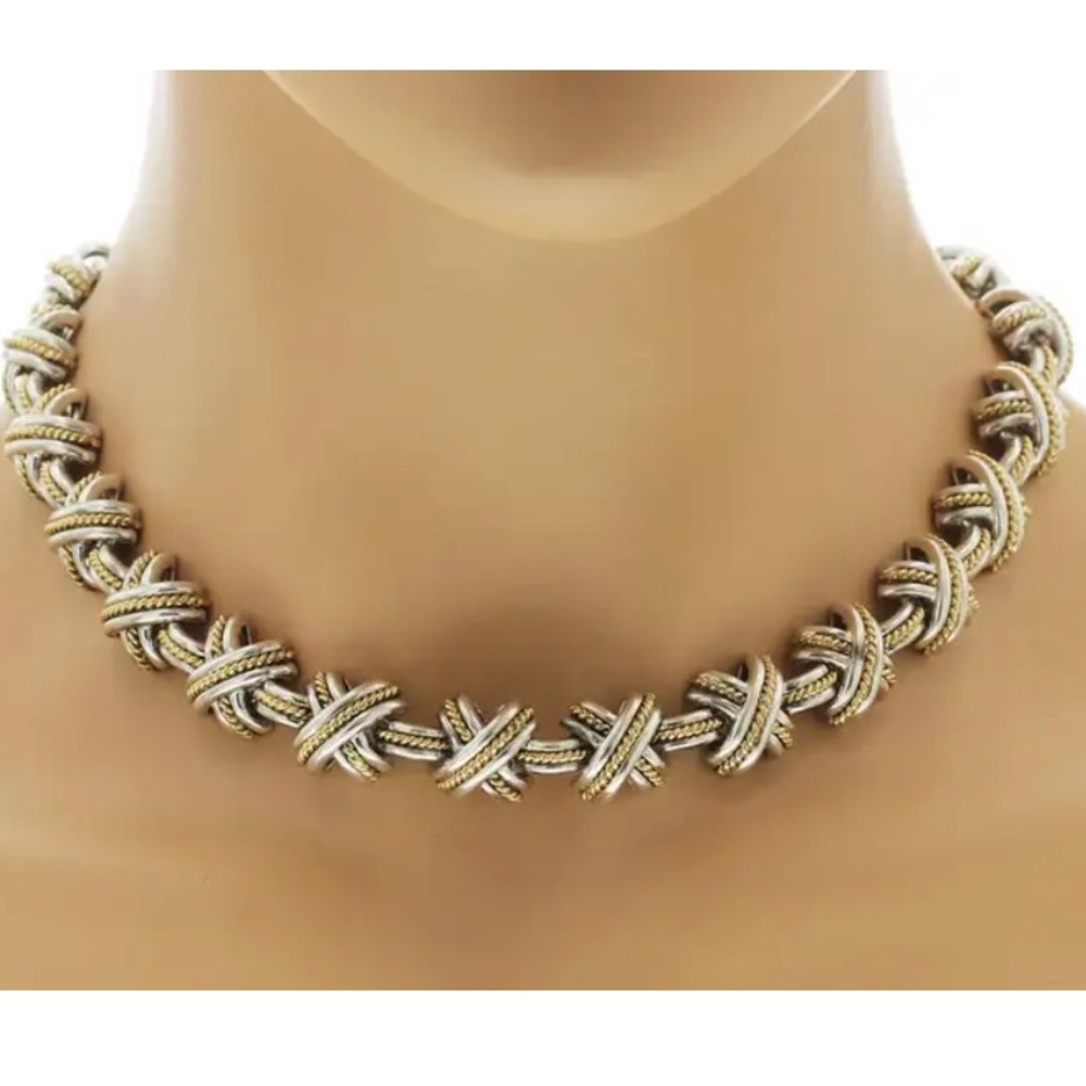 Tiffany & Co .925 Silver 18k Yellow Gold Signature X Crossover Link Necklace